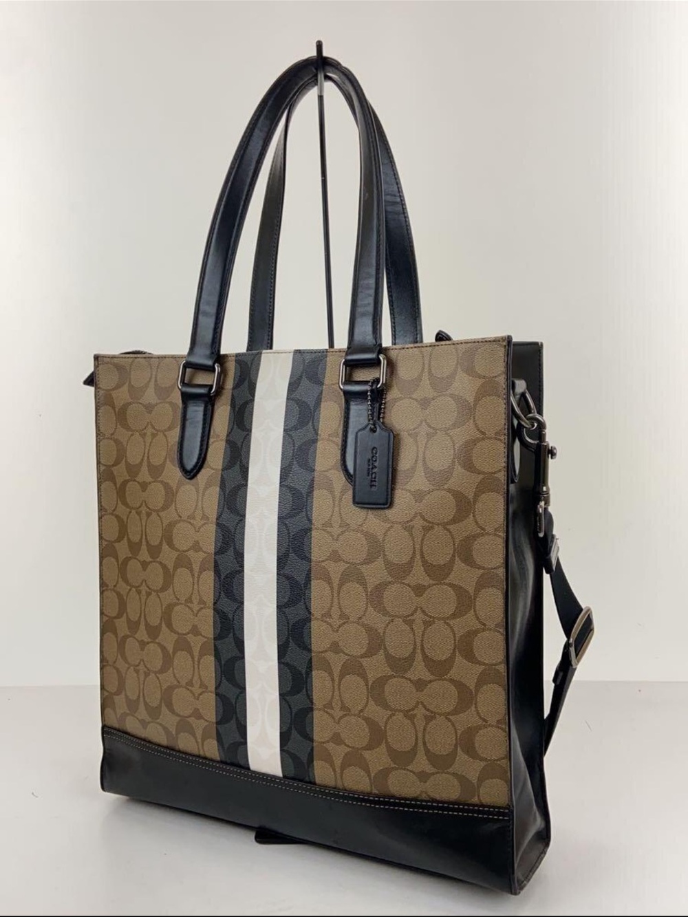 Coach Brown Signature Stripe Tote with Black Trim